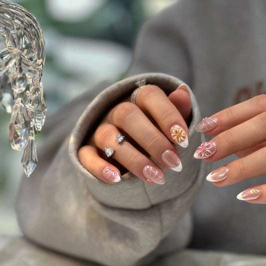 Close-up of the color gradient from warm mocha-nude to soft pearl-white.