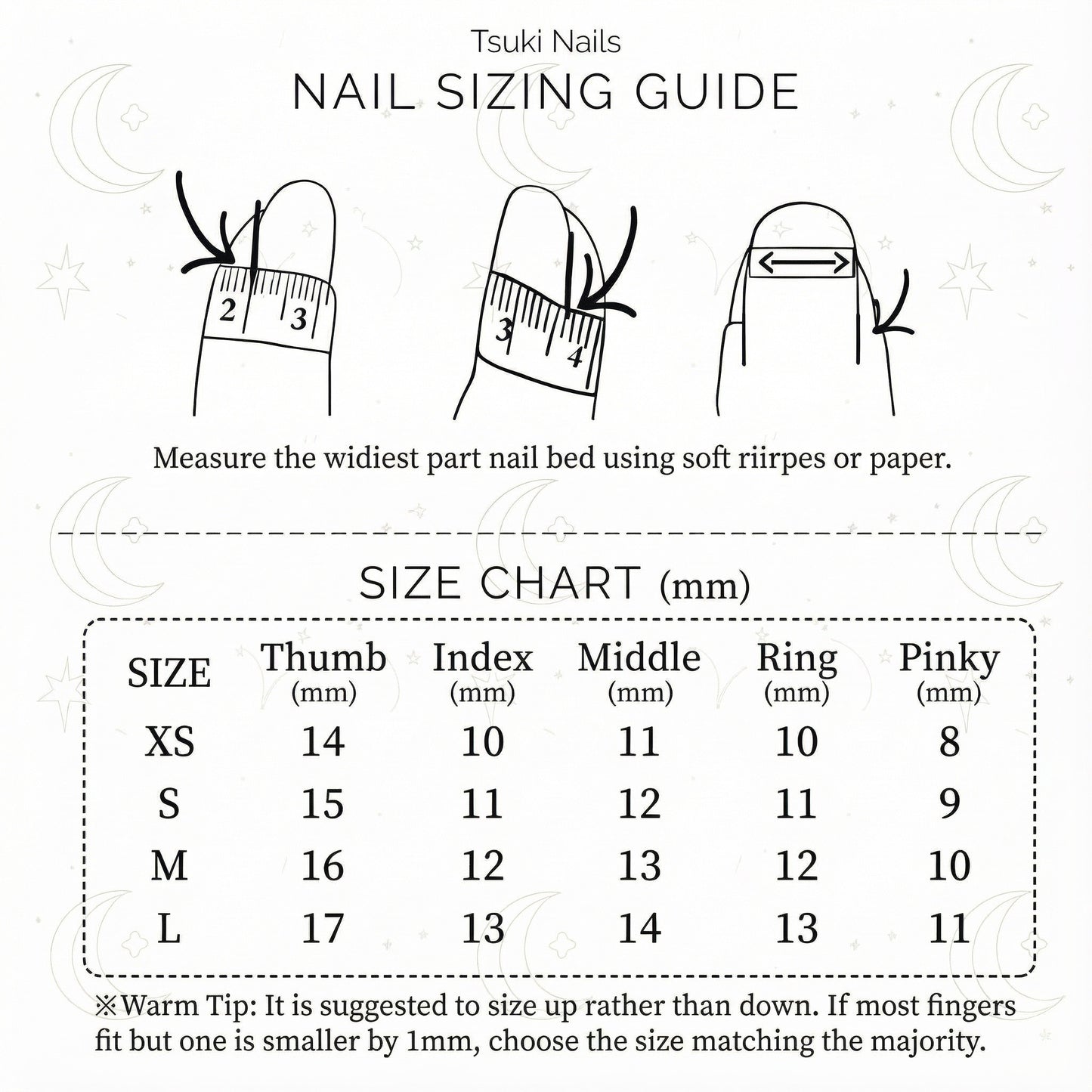 Tsuki Nails sizing guide chart showing measurements in mm for XS, S, M, L sizes