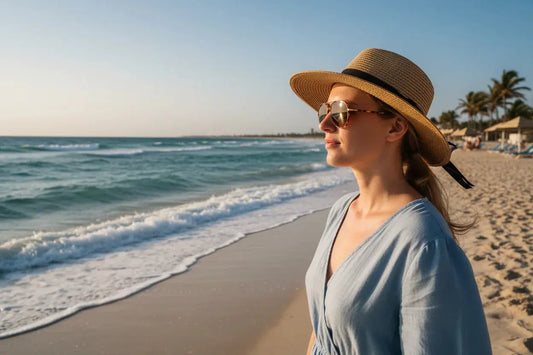 Woman in sunhat and sunglasses enjoying the beach at sunset by the ocean waves