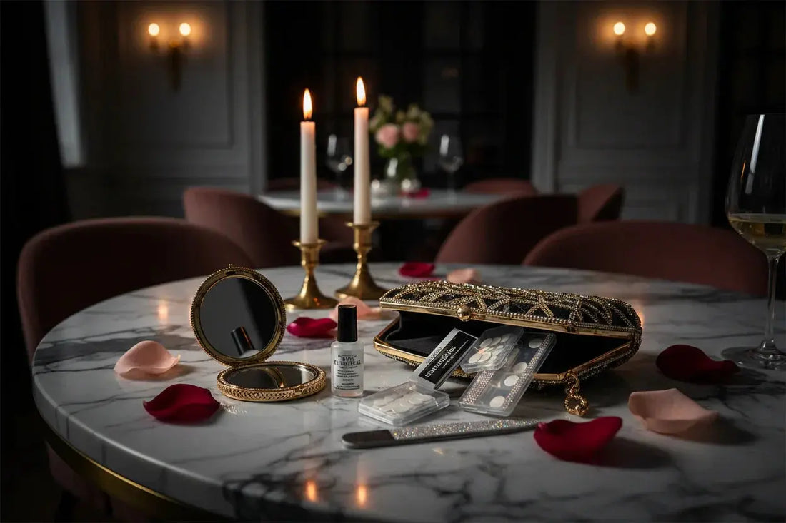 Chic evening clutch with Tsuki Nails press on nail kit, mirror, and rose petals on marble table
