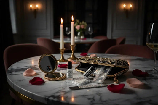 Chic evening clutch with Tsuki Nails press on nail kit, mirror, and rose petals on marble table