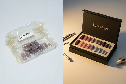 Comparison of generic plastic nail tips in flimsy packaging versus Tsuki Nails luxury press on nails in a premium box.