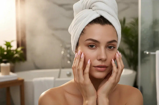 Woman in spa bathroom with white towel wrap showing pastel pink Tsuki Nails press ons