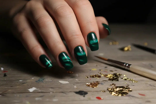 Hand with premium emerald green cat eye press on nails by Tsuki Nails, gel-like shine