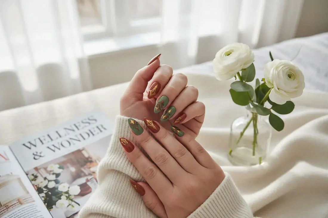 Woman’s hands with matte and gloss western-style press on nails by Tsuki Nails, cozy setting