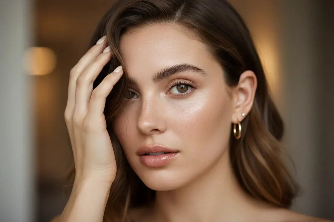 Woman with glowy natural skin, gold earrings, short nude oval nails from Tsuki Nails