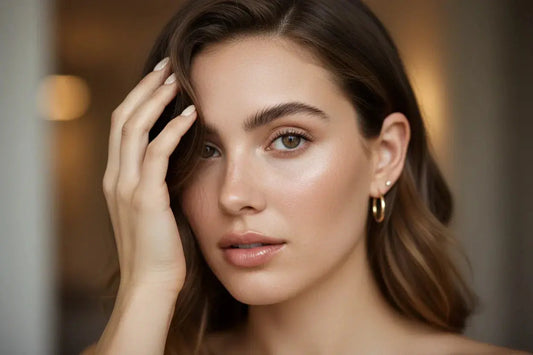 Woman with glowy natural skin, gold earrings, short nude oval nails from Tsuki Nails