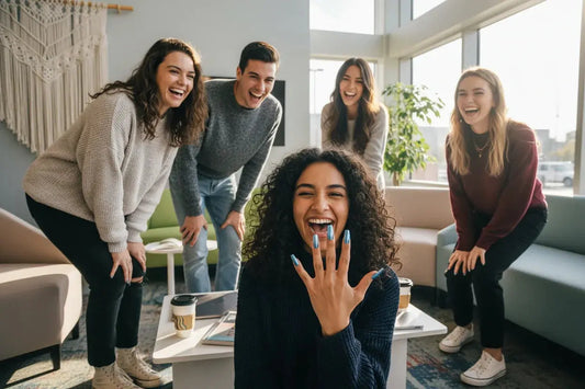 Group of smiling college friends, one showing chrome coffin-shaped press on nails by Tsuki Nails