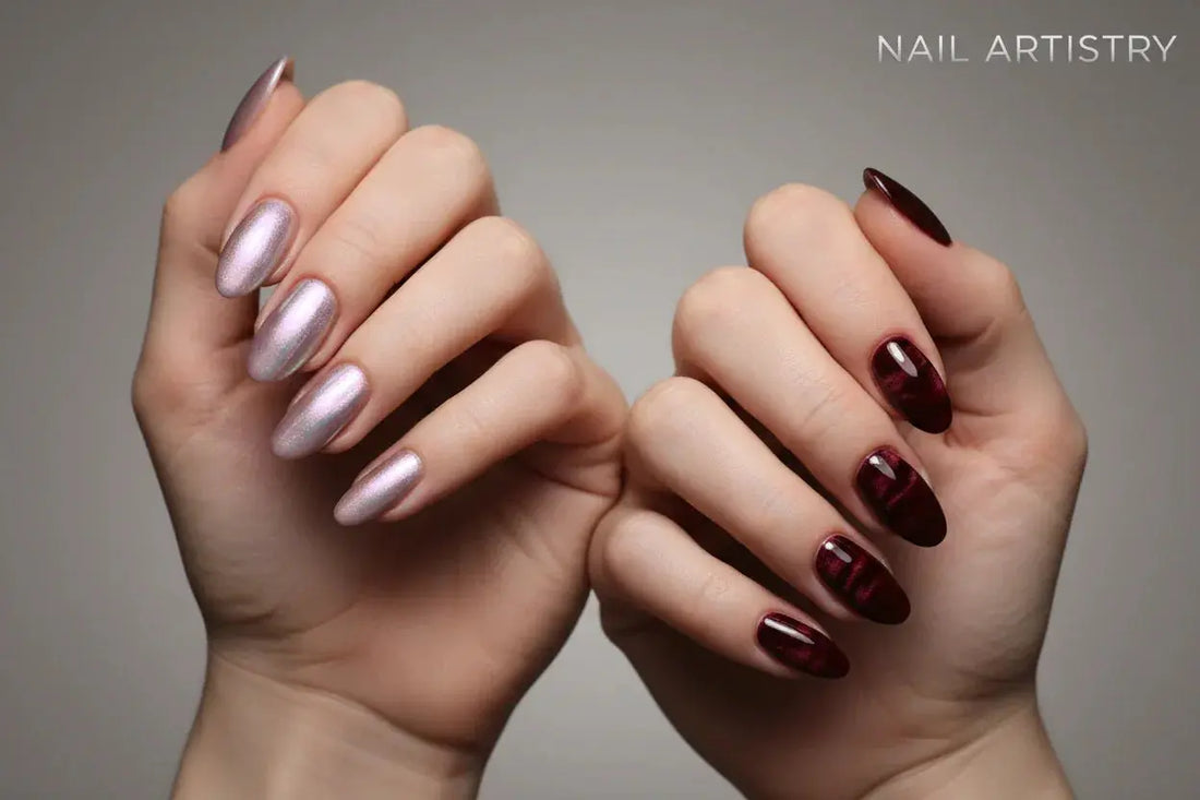 Two hands showing pearlescent chrome nails and burgundy velvet magnetic nails, Tsuki Nails