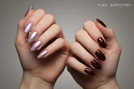 Two hands showing pearlescent chrome nails and burgundy velvet magnetic nails, Tsuki Nails