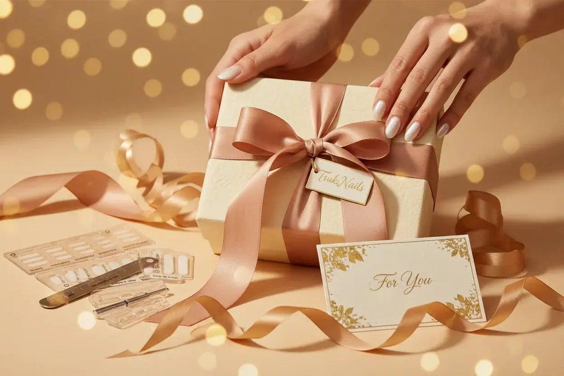 Hands with manicured nails holding Tsuki Nails gift box, ribbon, tools, and gift card.