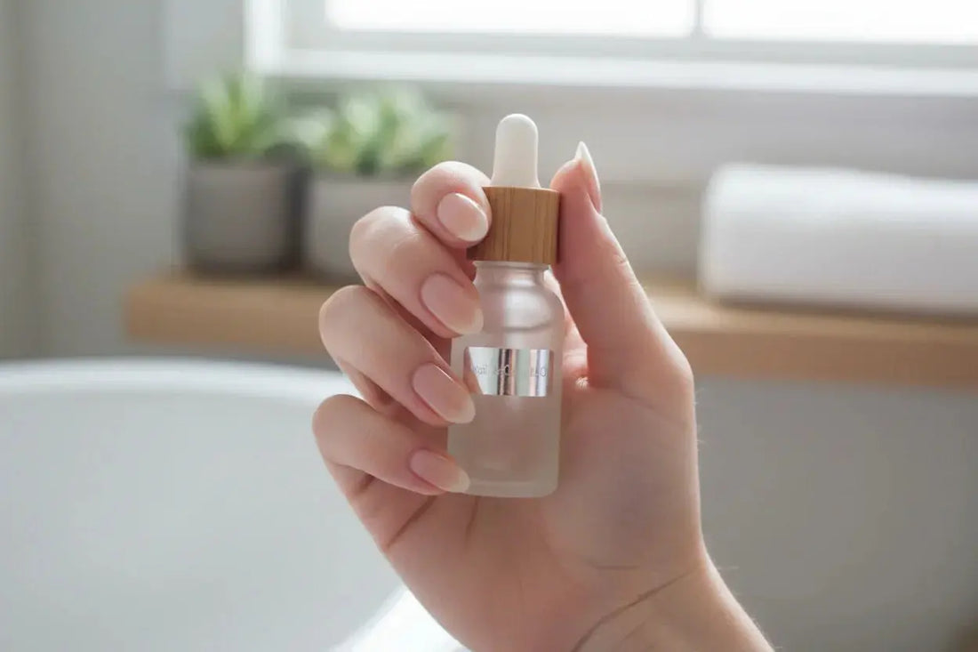 Hand with nude press-on nails holding clear nail oil bottle, Tsuki Nails, minimalist style