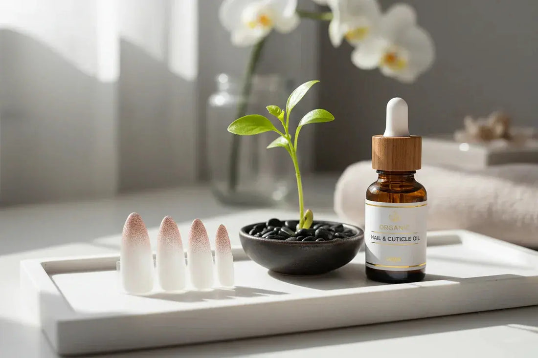 Premium ombré press on nails, cuticle oil, and plant on a white tray, Tsuki Nails salon quality.