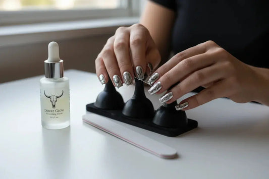Minimalist white desk with chrome Western-style press on nails, glass nail file, and cuticle oil bottle from Tsuki Nails.