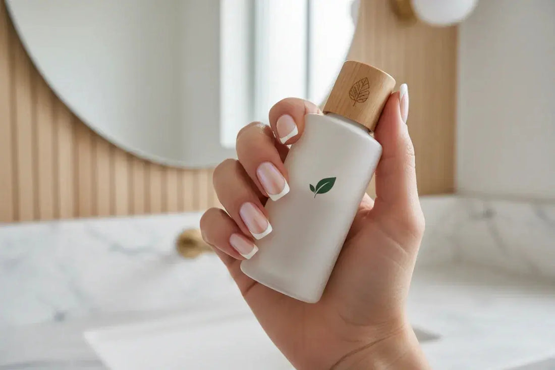 Hand with glazed donut chrome press on nails and modern French tips holding eco bottle in bathroom