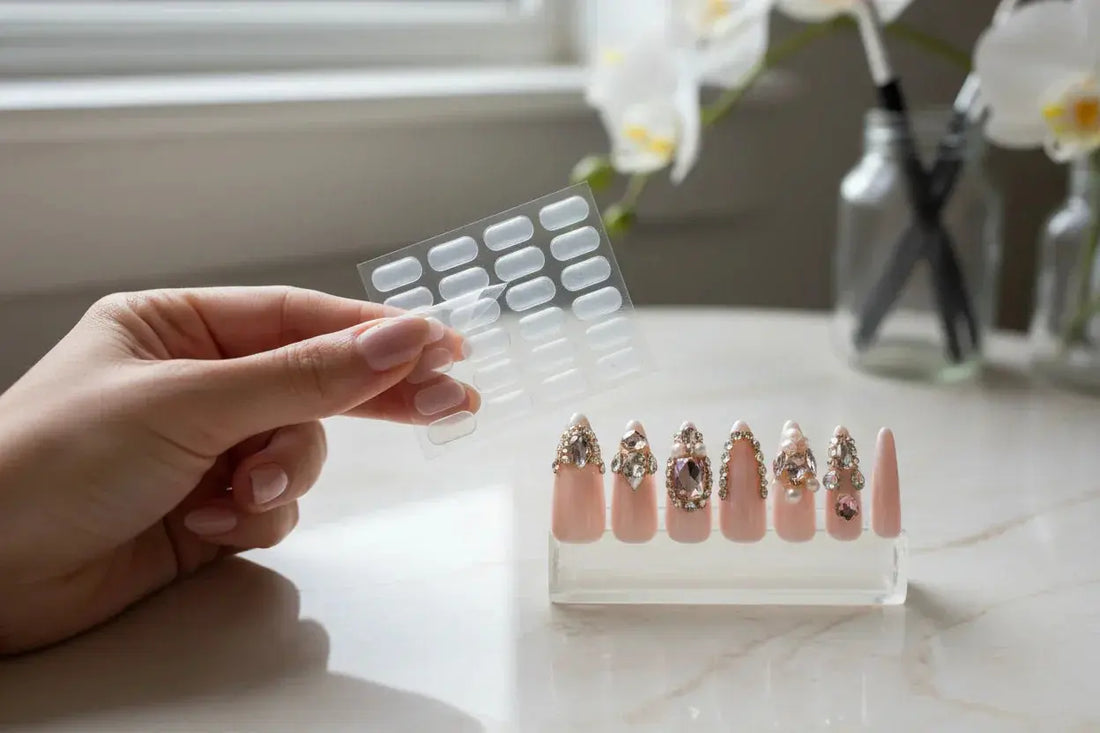 Woman holding nail adhesive tabs beside pink 3D gemstone press on nails from Tsuki Nails