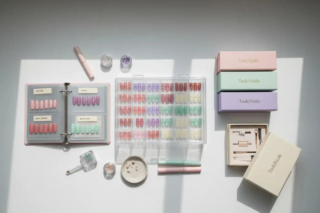 Tsuki Nails press on nails and nail tools neatly organized in pastel boxes and acrylic holders on a table