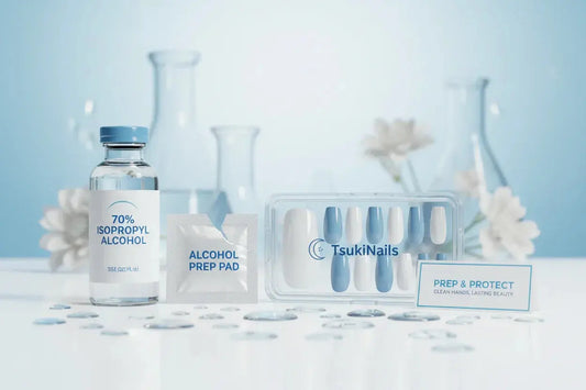 Tsuki Nails press on nails set with 70% alcohol, prep pad, and water droplets on white surface