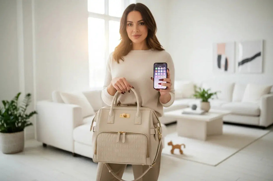 Stylish woman with manicured nails holding luxury bag and smartphone in modern living room