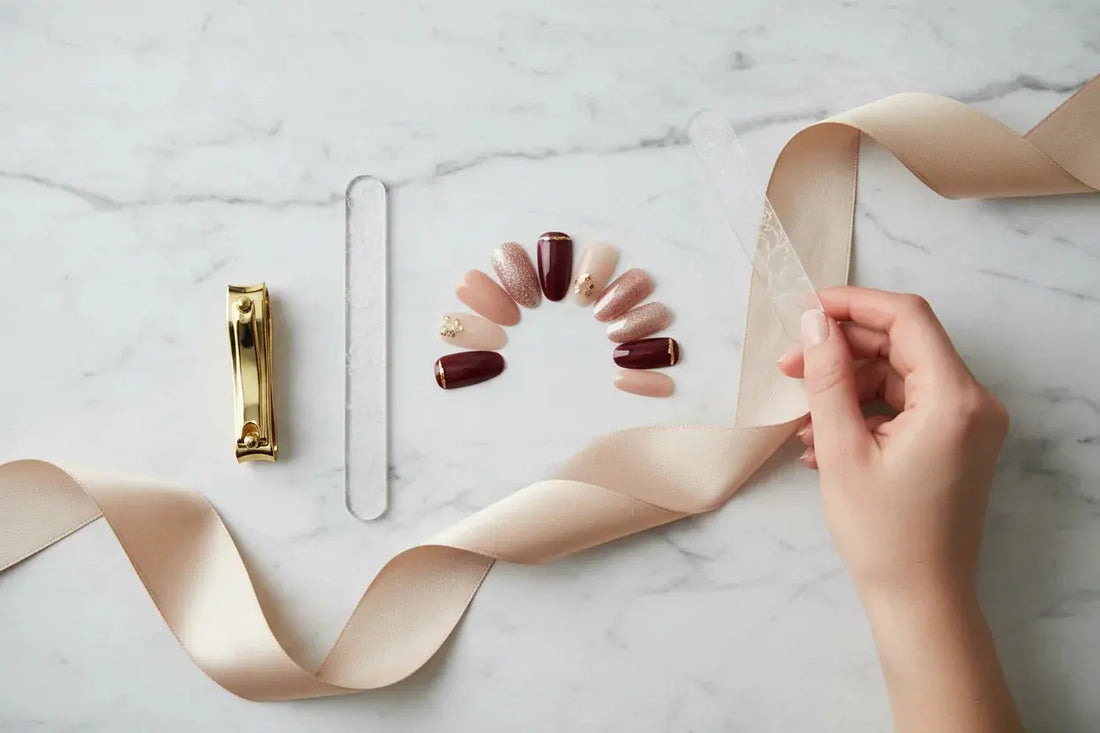 Luxury press on nails set, gold nail clipper, glass file, and silk ribbon on marble surface