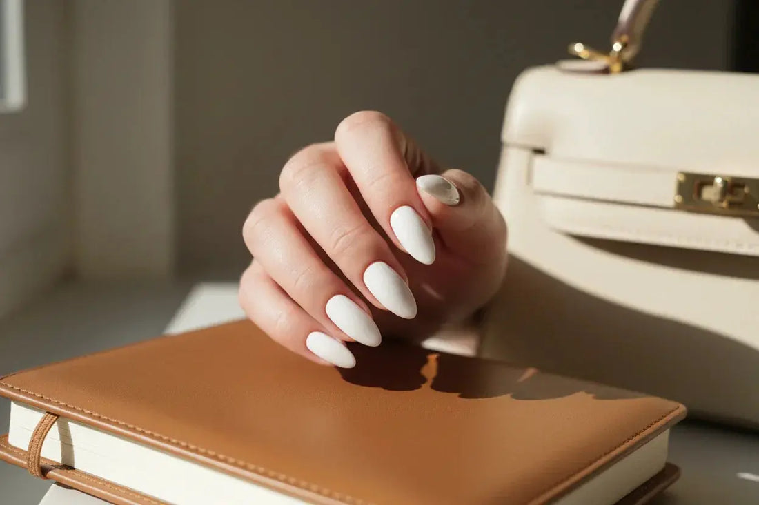 Woman's hand with milky white almond press on nails by Tsuki Nails, posed on leather bag and notebook