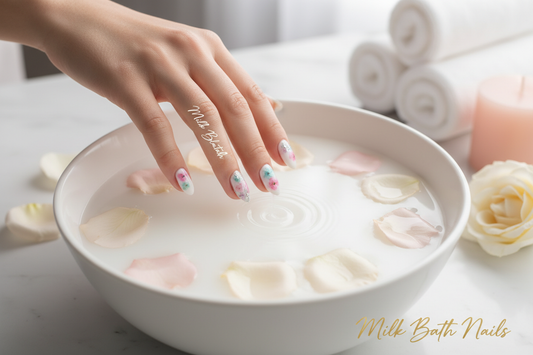 Milk bath nail trend guide dried flowers and creamy white - TsukiNails