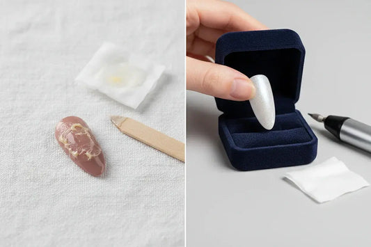 Side-by-side of a press-on nail with residue and a clean, sparkling press-on nail in a box, Tsuki Nails