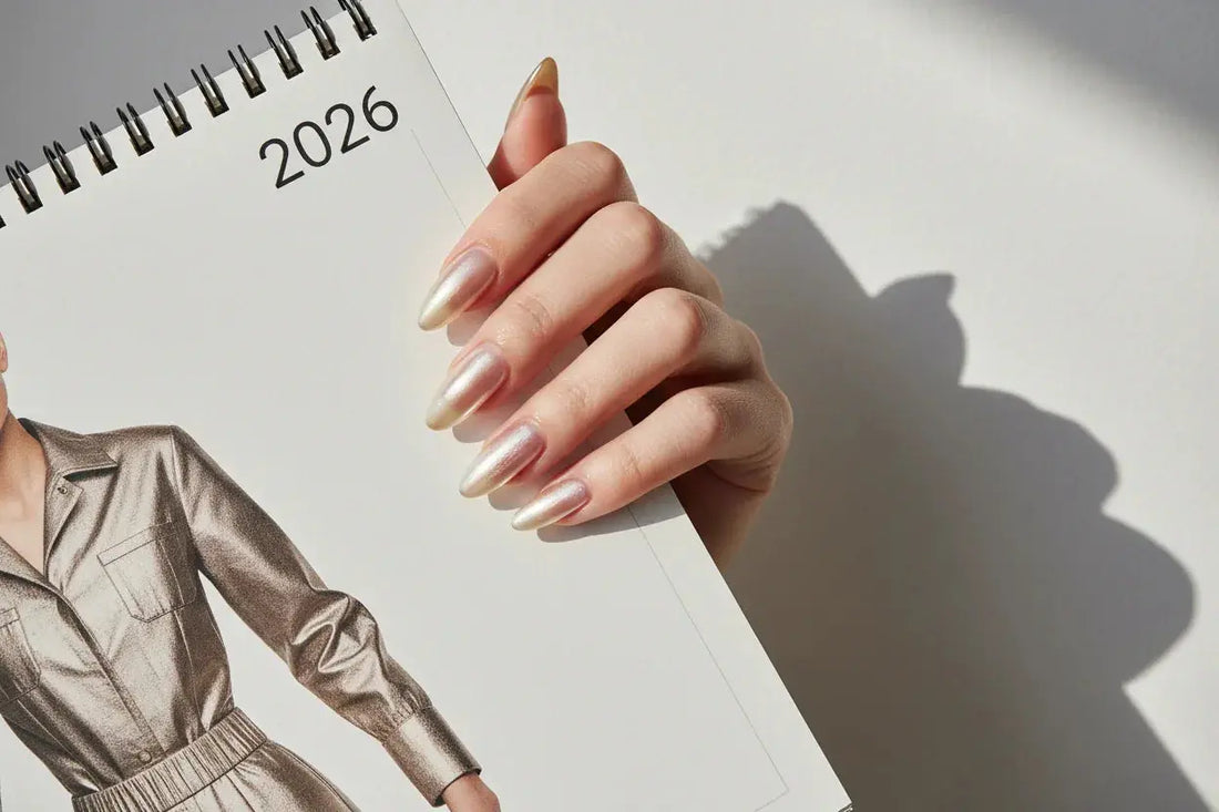 Hand with long almond glazed donut and chrome nails holding 2026 calendar, Tsuki Nails