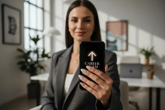 Woman in blazer shows smartphone, featuring nude marble almond Tsuki Nails, in modern office