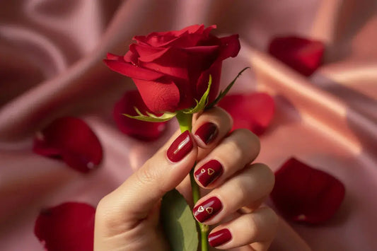 Hand with glossy deep red nails and gold heart accents holding a red rose, Tsuki Nails press ons