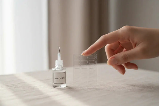 Woman's hand choosing between nail glue and adhesive tabs for Tsuki Nails press on manicure.