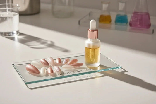 Premium press on nails and serum bottle in a minimalist laboratory setting, Tsuki Nails