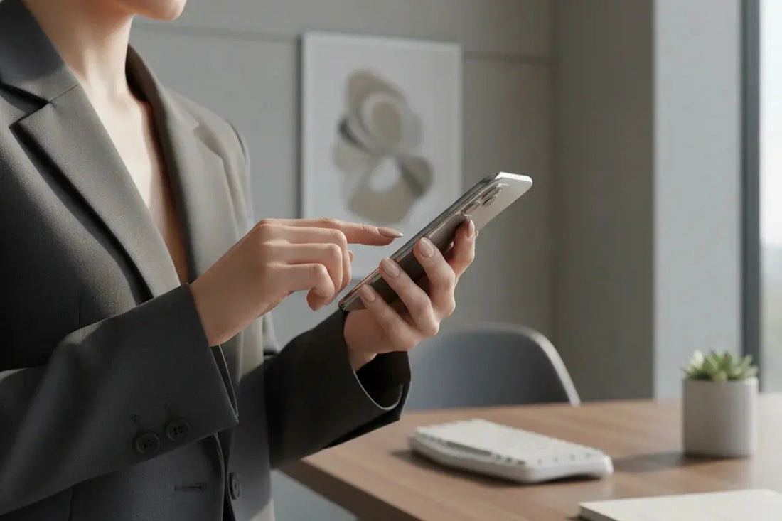 Woman in blazer with almond-shaped nude press on nails using smartphone in modern office
