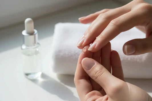 Close-up of hands with natural nails applying nail oil, nail care routine by Tsuki Nails