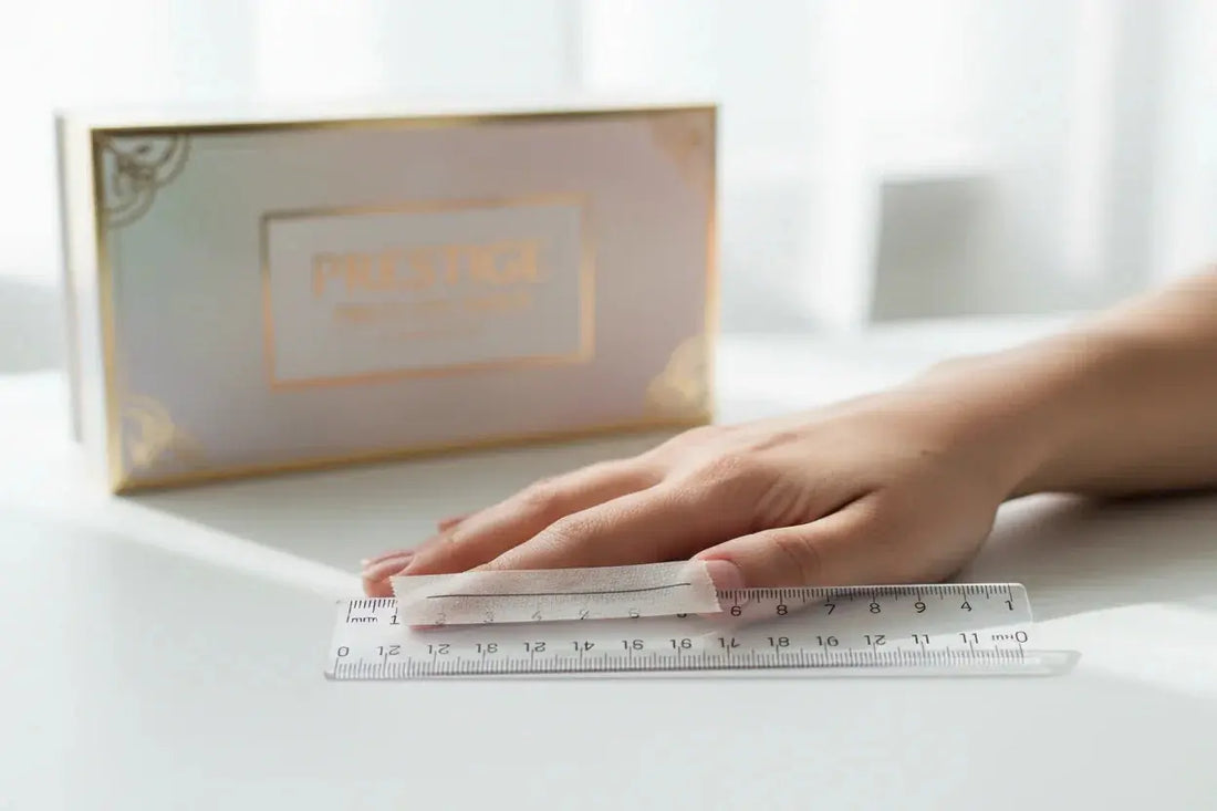 Hand measuring nails with transparent ruler on white surface, press on nails sizing guide