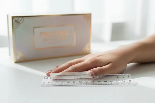 Hand measuring nails with transparent ruler on white surface, press on nails sizing guide