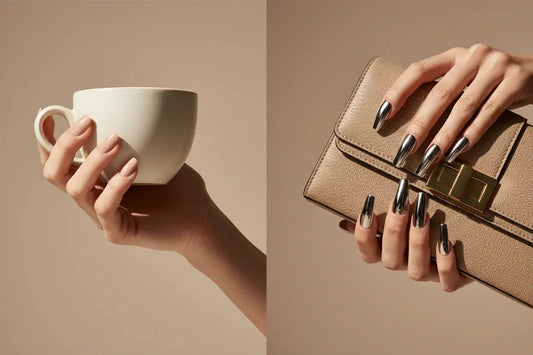 Split image of hands with Tsuki Nails: left with short nude nails holding a cup, right with long chrome nails holding a beige clutch.