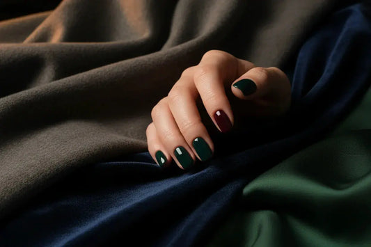 Hand with glossy emerald and burgundy Tsuki Nails posed on draped winter fabrics