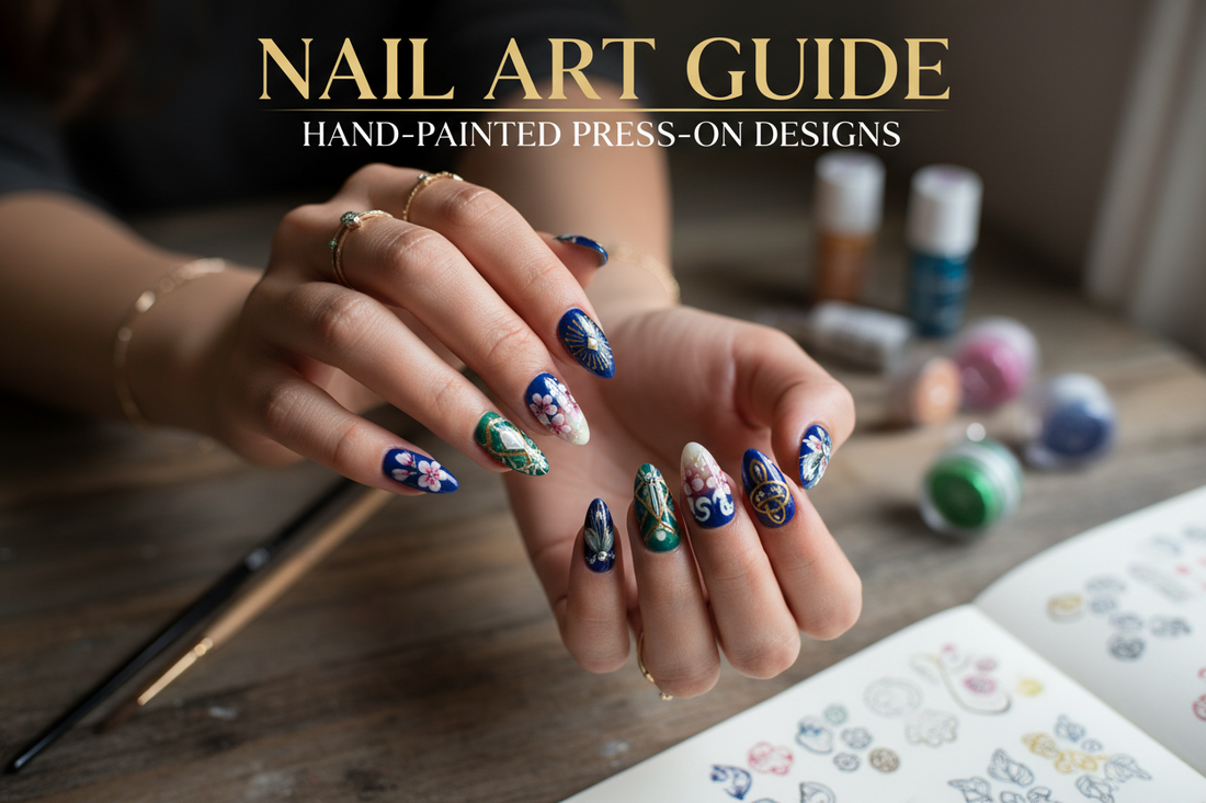 Press-on nail art guide with intricate hand-painted designs