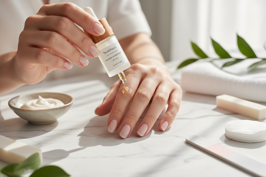 Press-on nails after removal care guide - TsukiNails recovery routine with cuticle oil and nail health products