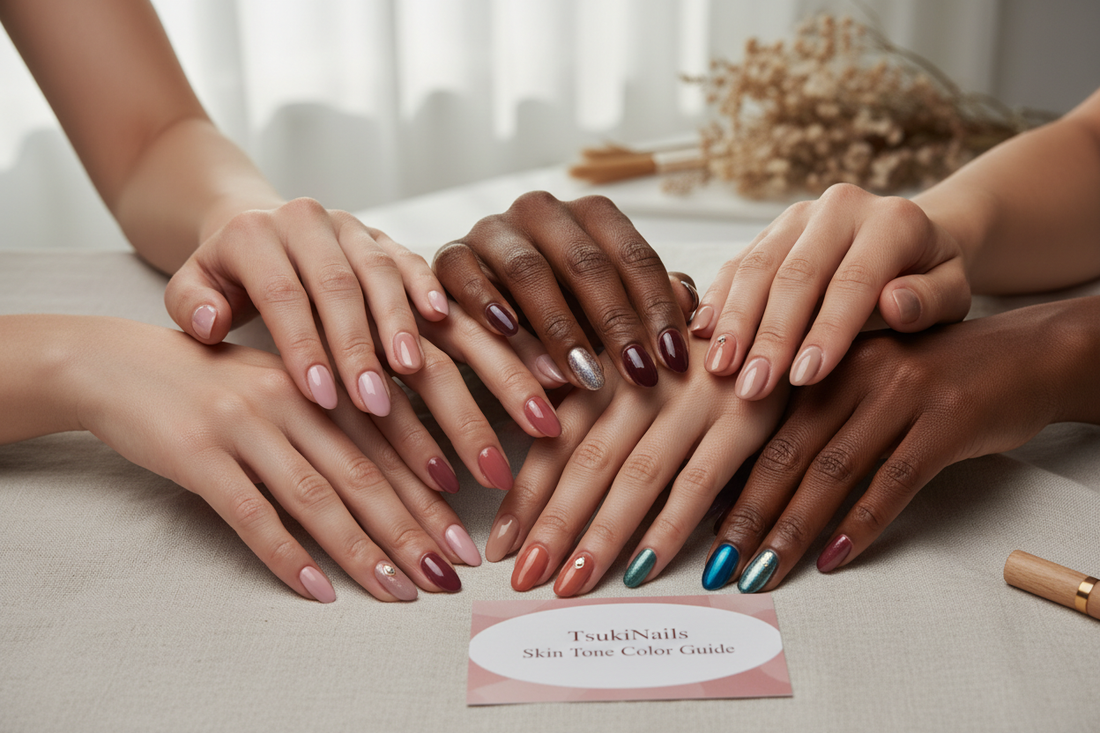 Press-on nails skin tone color guide - TsukiNails complementary shades for fair to deep complexions