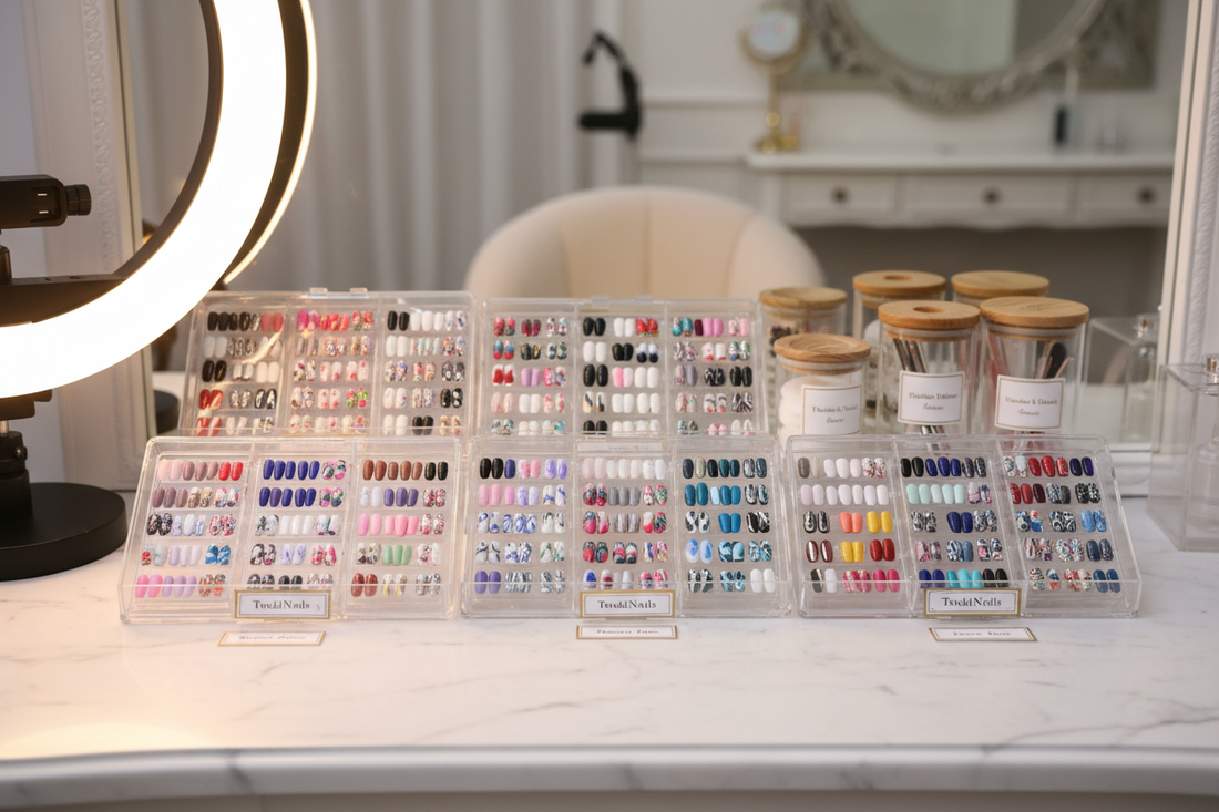  Press-on nails long-term storage organization - TsukiNails collection in clear compartmented boxes for preservation