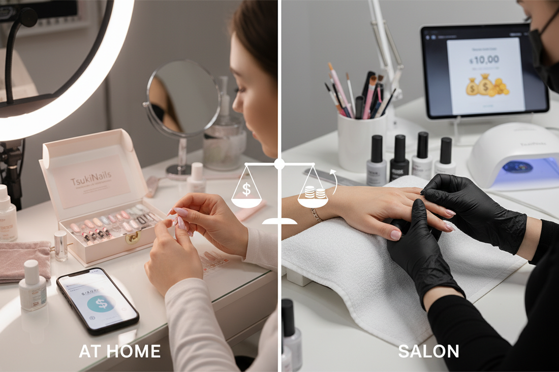 Press-on nails vs salon manicure cost comparison - TsukiNails home application versus professional salon service