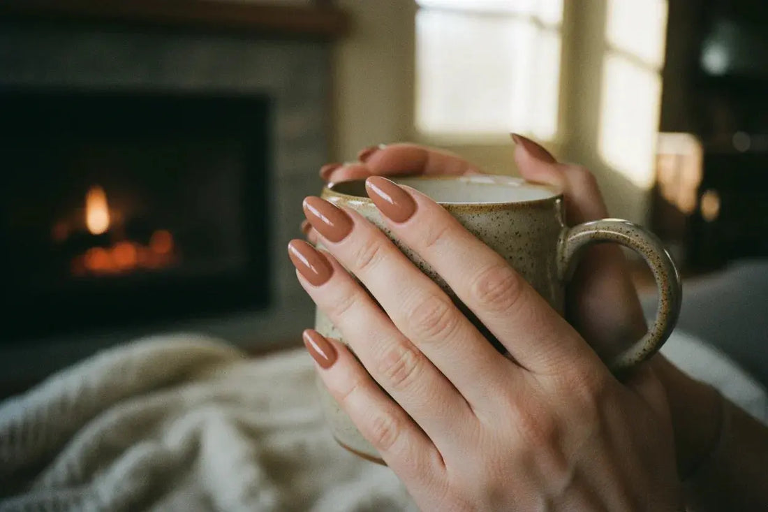 Woman's hands with almond shaped mocha nude press on nails holding a ceramic mug by Tsuki Nails