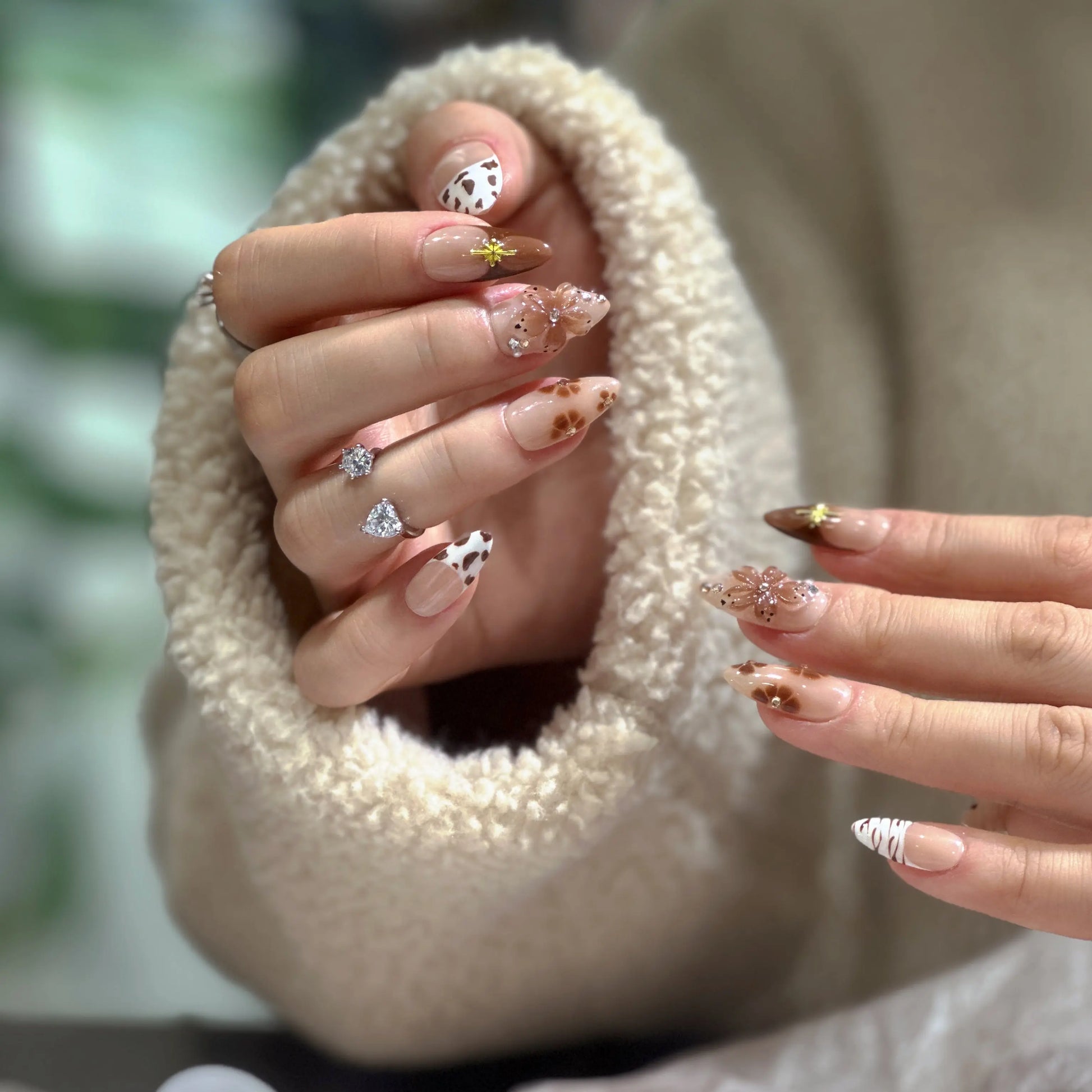 Edgy and elegant manicure with Mocha Mirage Western-style press on nails.