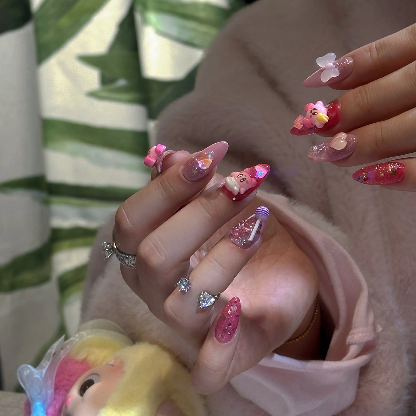 Joyful and playful manicure with Kirby Dreams 3D cartoon press on nails.

