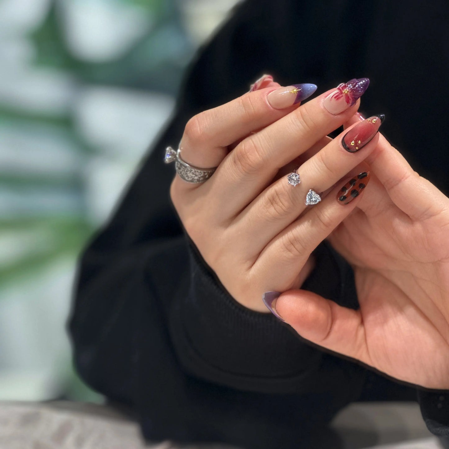 Bold and elegant manicure with Dark Bloom ombre floral press on nails.