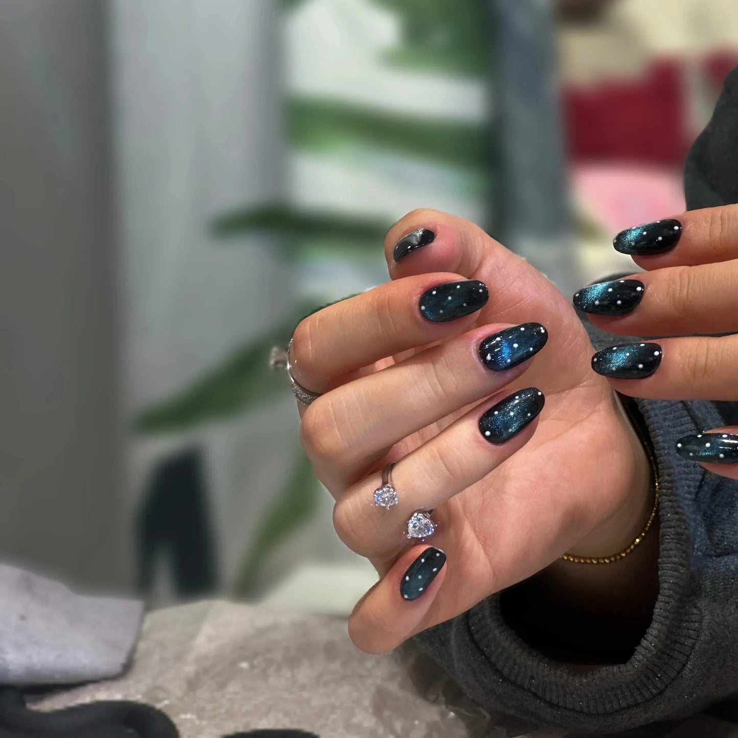 Cosmic manicure with Stellar Night nebula and star press on nails.

