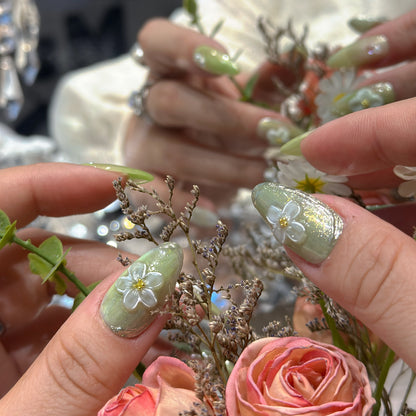 Both hands with Matcha Daisy Garden nails among dried flowers showing aurora crystal details and glossy high-shine finish
