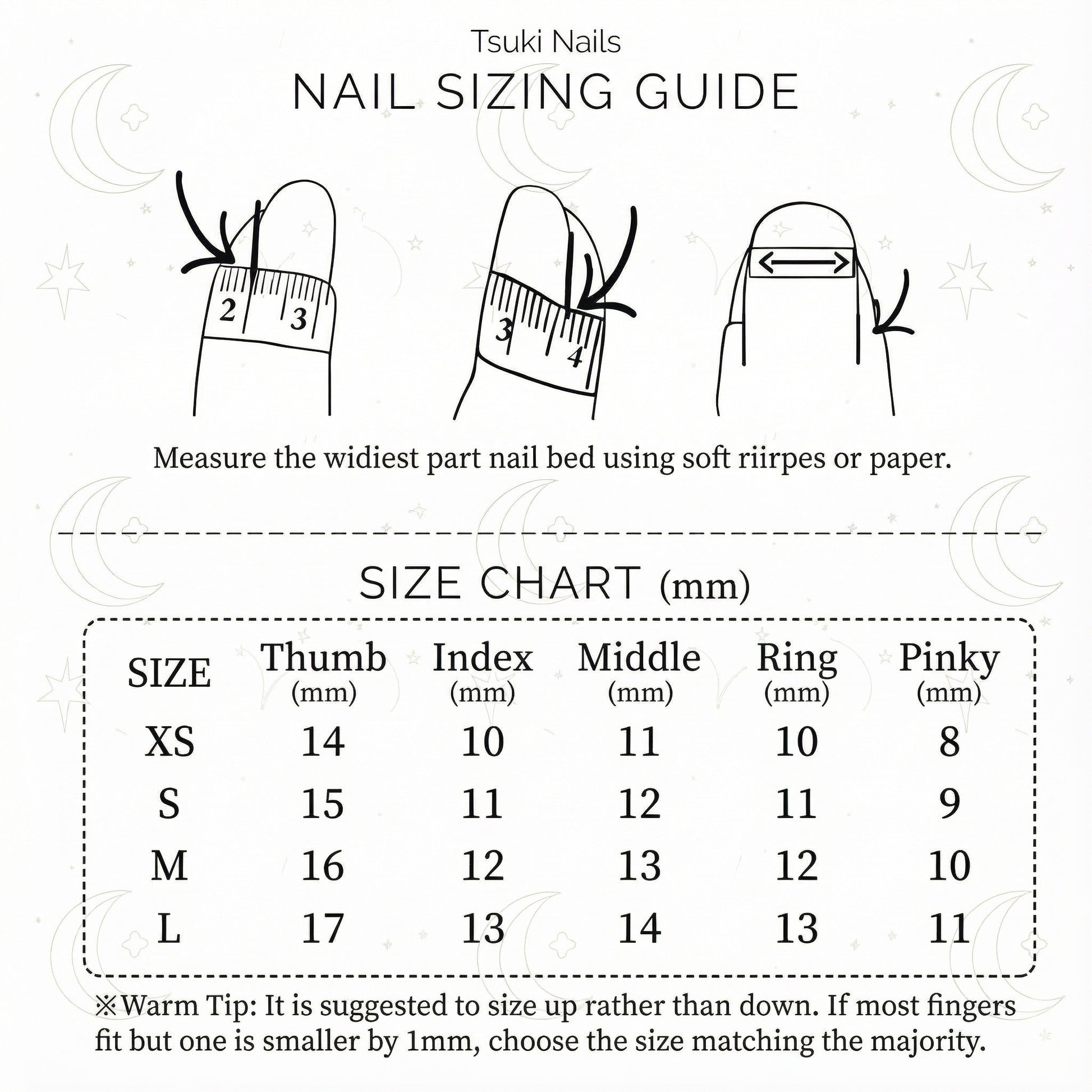 Tsuki Nails sizing guide chart showing measurements in mm for XS, S, M, L sizes